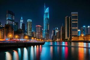 a cidade Horizonte às noite com luzes refletindo fora a água. gerado por IA foto