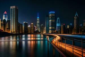 a cidade Horizonte às noite com luzes em a edifícios. gerado por IA foto