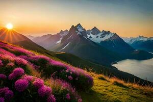 a Sol conjuntos sobre uma montanha alcance com roxa flores gerado por IA foto