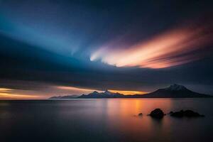 a aurora boreal sobre a montanhas. gerado por IA foto