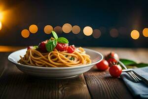 espaguete com tomates e manjericão em uma de madeira mesa. gerado por IA foto