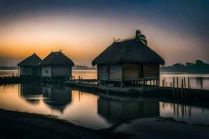 três cabanas sentar em a costa do uma lago às nascer do sol. gerado por IA foto