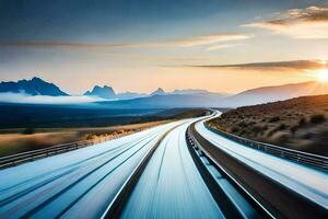 uma grandes exposição fotografia do uma rodovia com montanhas dentro a fundo. gerado por IA foto