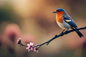 uma azul e laranja pássaro senta em uma ramo. gerado por IA foto