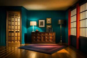 uma quarto com uma de madeira chão e azul paredes. gerado por IA foto
