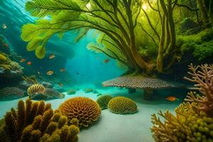 a embaixo da agua cena com coral e peixe. gerado por IA foto