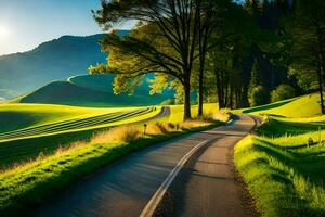 uma estrada enrolamento através uma verde campo com árvores e colinas. gerado por IA foto