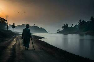 uma homem caminhando ao longo a estrada às pôr do sol. gerado por IA foto