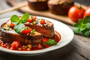 uma prato do carne com tomate molho e legumes. gerado por IA foto
