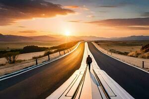 uma pessoa caminhando em uma grandes estrada às pôr do sol. gerado por IA foto