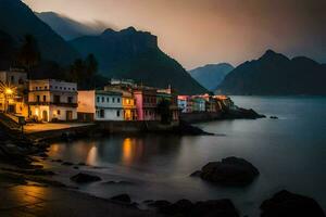 uma Cidade em a costa às crepúsculo com montanhas dentro a fundo. gerado por IA foto