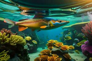 uma peixe natação dentro a oceano com coral recifes. gerado por IA foto