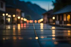 uma rua às noite com luzes em a rua. gerado por IA foto