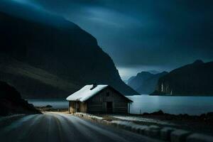 foto papel de parede estrada, a céu, montanhas, lago, casa, a escuro, Noruega,. gerado por IA