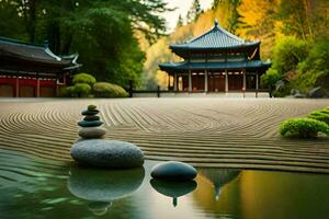 uma japonês jardim com pedras e água. gerado por IA foto