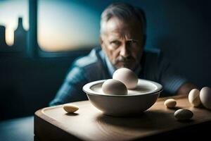 uma homem senta às uma mesa com ovos e uma tigela do ovos. gerado por IA foto