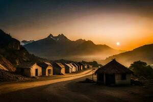 uma Vila às pôr do sol com montanhas dentro a fundo. gerado por IA foto