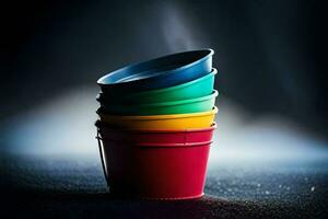 uma pilha do colorida baldes em uma Sombrio superfície. gerado por IA foto