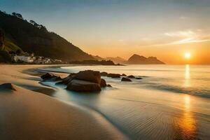 a Sol conjuntos sobre a de praia e pedras. gerado por IA foto