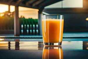 uma vidro do laranja suco em uma mesa dentro frente do uma piscina. gerado por IA foto