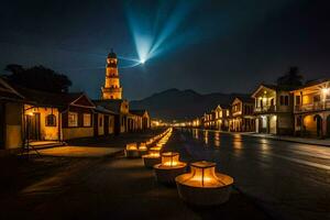 uma rua às noite com lanternas e uma mesquita. gerado por IA foto