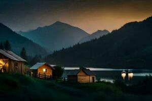 foto papel de parede a céu, montanhas, lago, cabine, pôr do sol, a montanhas, lago, cabine. gerado por IA