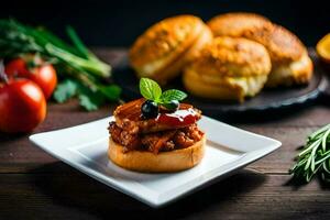 uma prato com uma sanduíche e legumes em isto. gerado por IA foto