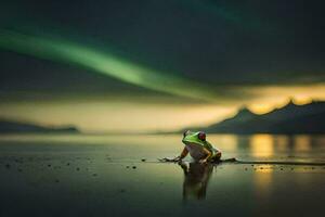 uma rã sentado em a costa do uma lago com uma verde luz dentro a fundo. gerado por IA foto