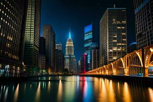 uma cidade às noite com uma rio e ponte. gerado por IA foto