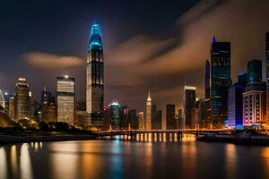 a cidade Horizonte às noite com luzes refletindo fora a água. gerado por IA foto