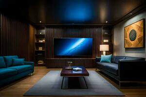 uma moderno vivo quarto com uma ampla televisão. gerado por IA foto