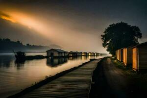 foto papel de parede a céu, água, a sol, a lago, a casa, a doca,. gerado por IA