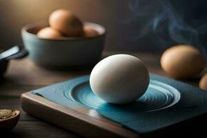 a ovo em uma azul prato com uma tigela do ovos. gerado por IA foto