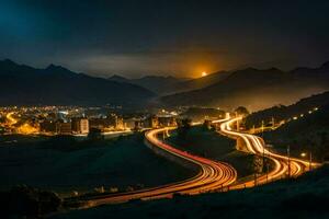 uma cidade às noite com uma montanha alcance dentro a fundo. gerado por IA foto