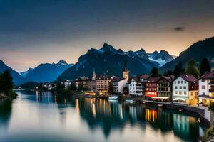 a Cidade do Hallstatt, Áustria, às crepúsculo. gerado por IA foto