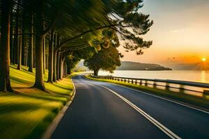 uma estrada com árvores e a Sol configuração sobre a água. gerado por IA foto