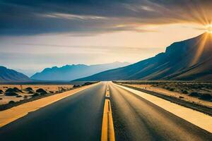 uma grandes estrada dentro a deserto com a Sol brilhando. gerado por IA foto