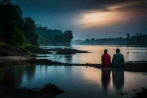 a casal é sentado em a costa do a rio. gerado por IA foto
