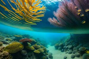 uma coral recife com muitos diferente tipos do peixe. gerado por IA foto