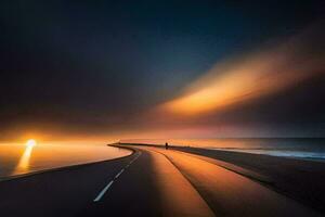 uma grandes exposição fotografia do uma estrada conduzindo para a oceano. gerado por IA foto