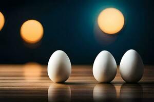 três branco ovos em uma mesa com borrado luzes. gerado por IA foto