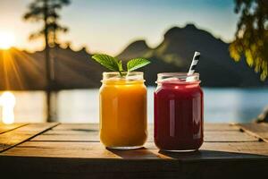 dois batidos em uma mesa dentro frente do uma lago. gerado por IA foto