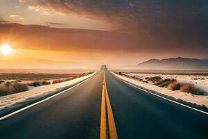 uma grandes estrada dentro a deserto com a Sol contexto. gerado por IA foto