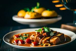 uma prato do Comida com carne e legumes em uma mesa. gerado por IA foto