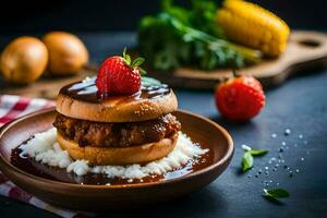 uma Hamburger com uma morango em topo e arroz. gerado por IA foto