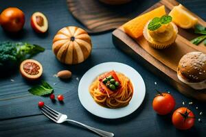 espaguete, tomates, e de outros ingredientes em uma mesa. gerado por IA foto