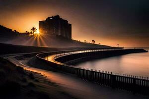 a Sol é configuração sobre a oceano e uma de praia. gerado por IA foto