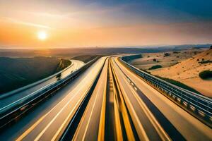 uma rodovia com carros dirigindo em isto às pôr do sol. gerado por IA foto