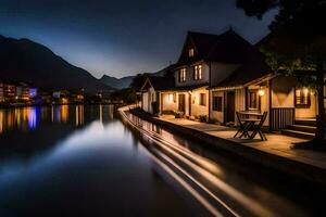 uma casa em a rio às noite com uma grandes exposição. gerado por IA foto