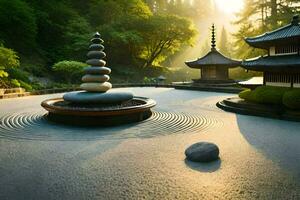 uma japonês jardim com uma pagode e pedras. gerado por IA foto